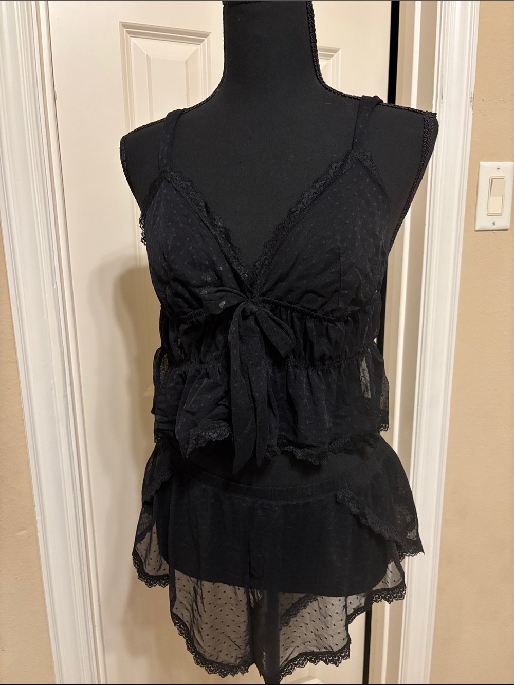 Adore Me Black Lace & Sheer Polka Dot Sleepwear Set